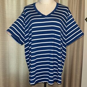 GAP Navy Blue and White Striped Short Sleeve V Neck Top Womens XXL